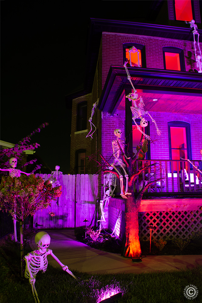 Skeletons trying to get in the windows and falling off the gutters.