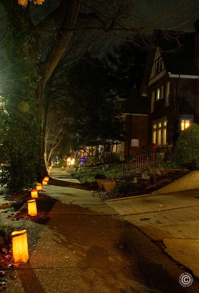 Luminaries lining the sidewalk in St. Louis MO.