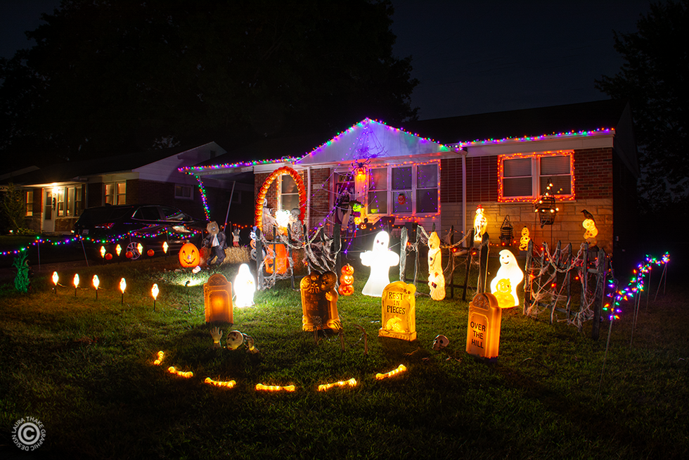 Adorable Halloween decorations covering the front of a house on Holiday Light Hopping.