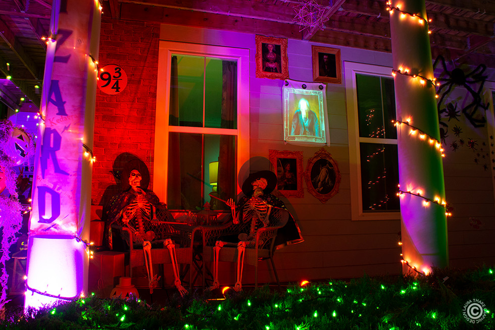 Wizzards hanging out under the talking portrait on the front porch of a house in New Town St. Charles MO.