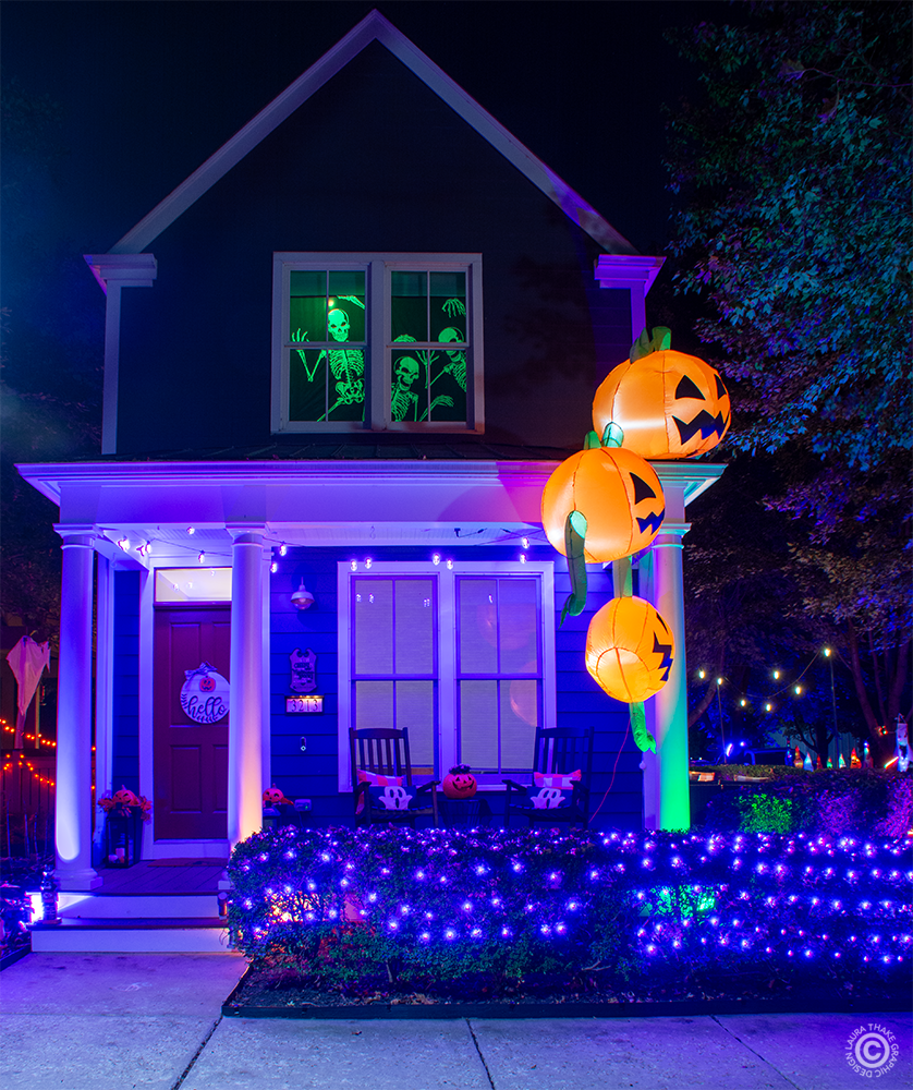 A great Halloween lighting job found in New Town on Holiday Light Hopping.