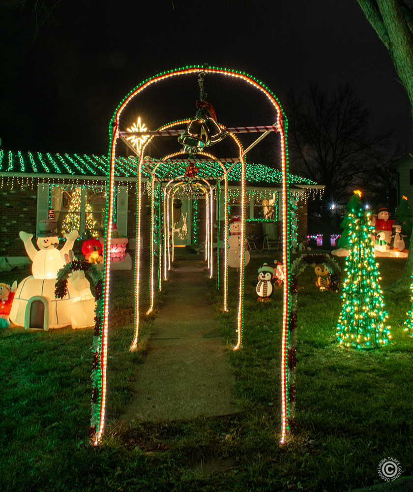 A tunnel of Christmas lights leading straight to the front door.