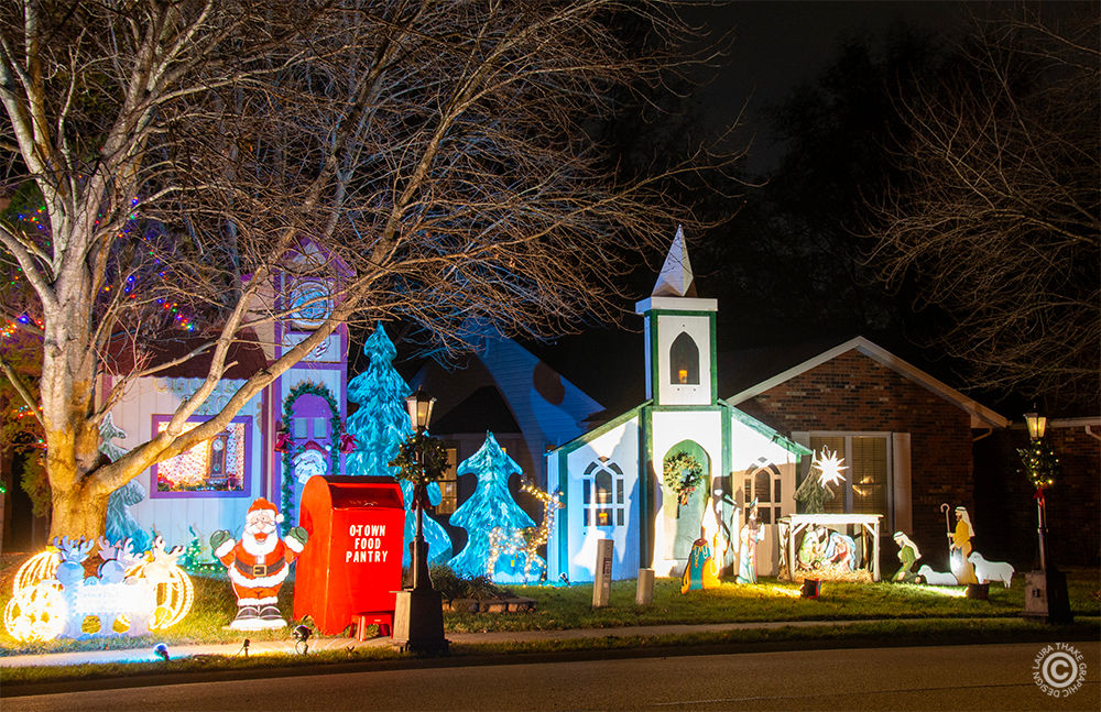 The clock shop, and the church with a manger scene.
