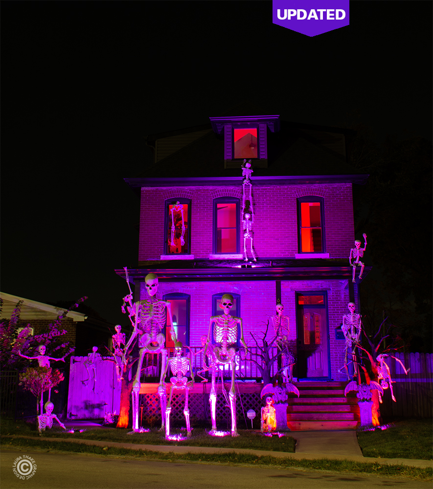 Purple and red lights for Halloween at a house on the edge of Dogtown.