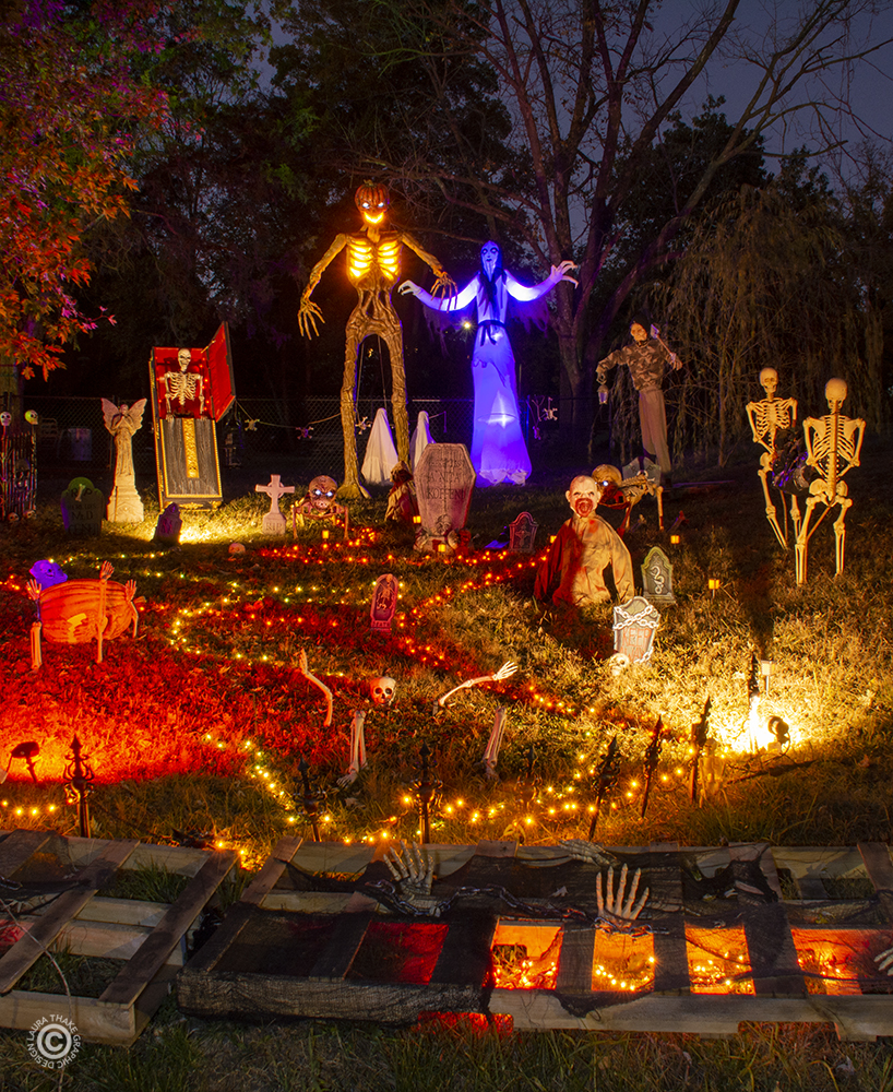 The haunted graveyard on Holiday Light Hopping for Halloween.