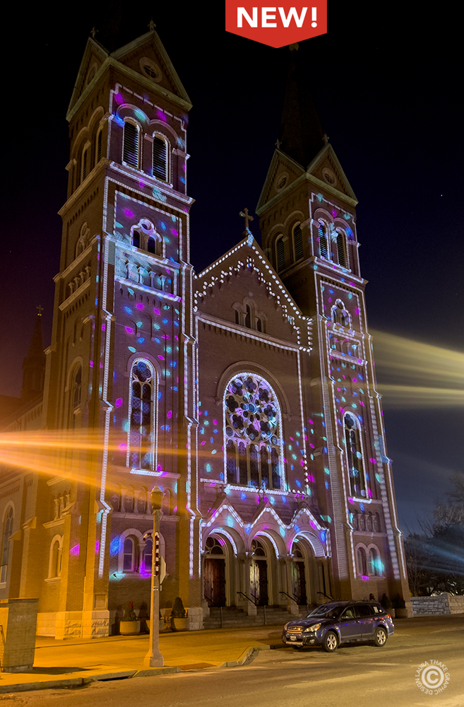 Christmas images projected on the front of St. Anthony of Padua church in Dutchtown, St. Louis Mo.