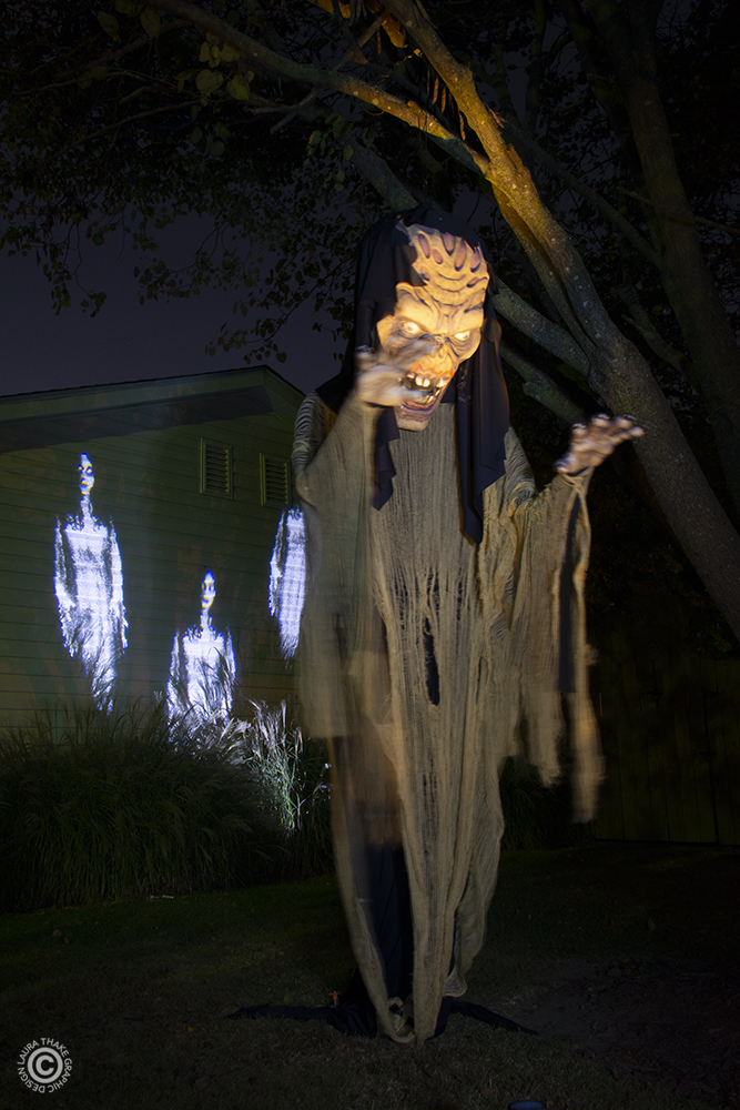 The hanging haunted ghoul in the side yard in Waterloo Illinois.