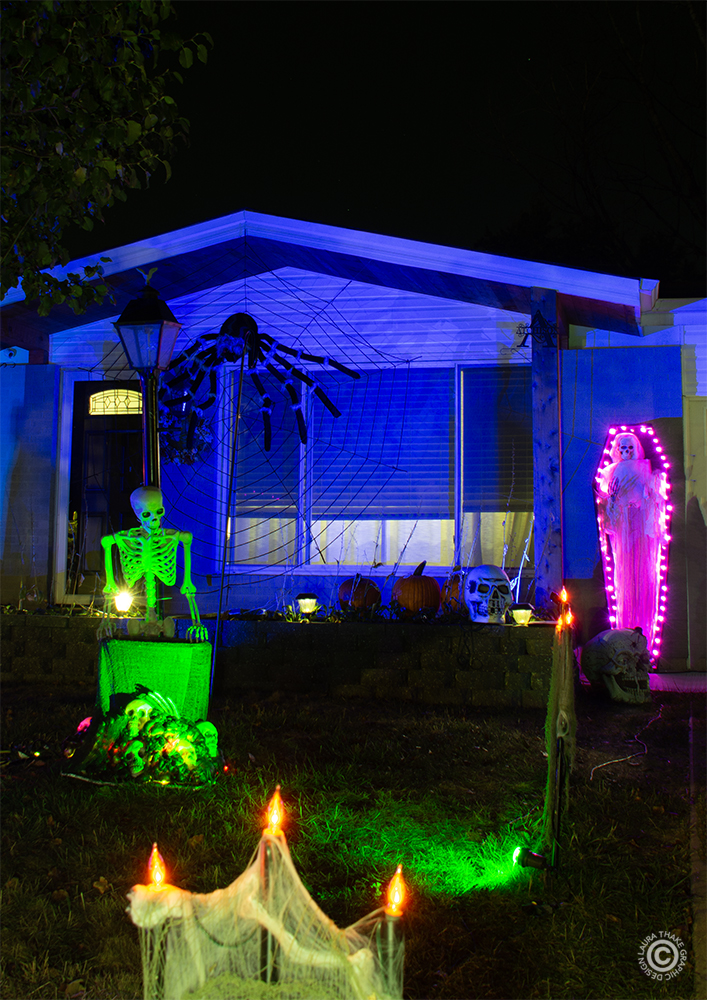 A puking skeleton and mummies and spiders behind.