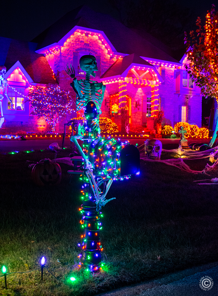The mailbox lit up with a skeleton on top.