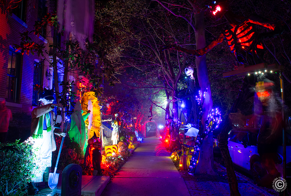 You will walk the sidewalk for the best view of the 5 townhouses that are fully decorated.