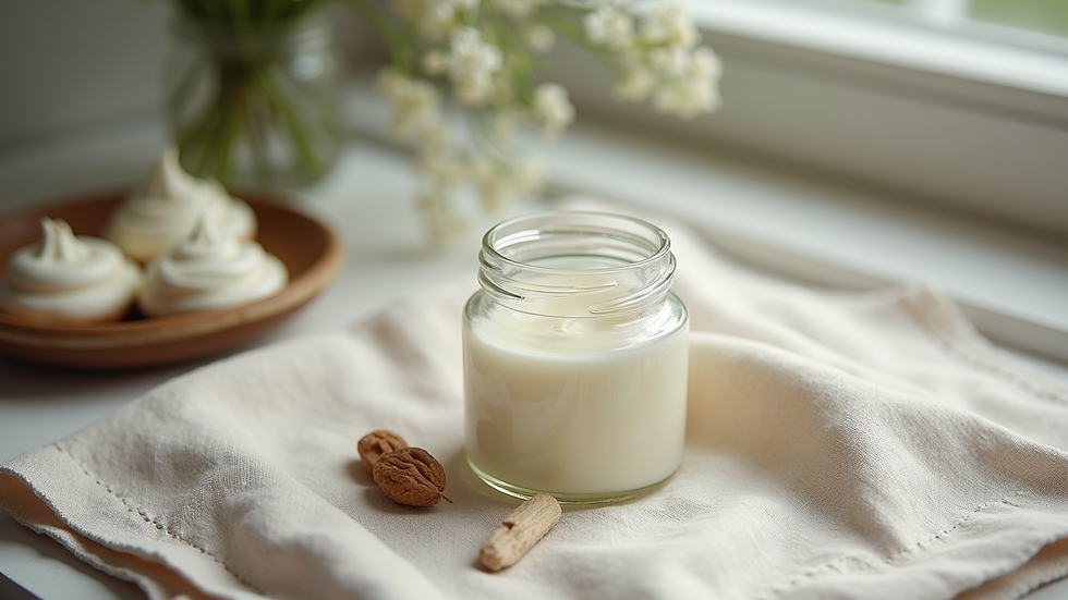Eye-level view of a small glass jar with organic cream on a linen cloth