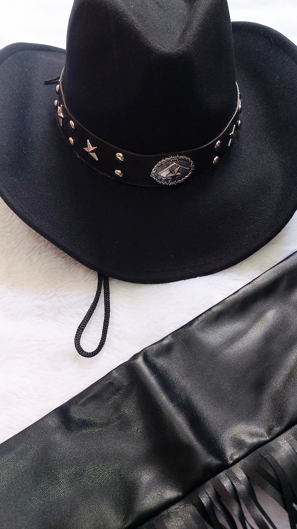 Miniatura: Kit country chapéu luvas de franjas e cinto duas fivelas cowgirl rodeio