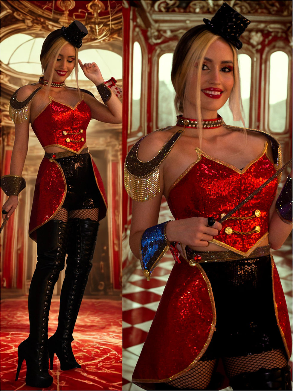 Fantasia de mágica de circo feminina de luxo com corpete vermelho em paetê, ombreiras com strass e fraque sob medida.