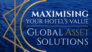 Logo of Global Asset Solutions with the tagline 'Maximising Your Hotel’s Value' on a deep blue ocean background, featuring geometric gold line accents and elegant white and gold typography