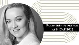 Promotional graphic for HICAP 2025 featuring a black-and-white portrait of a smiling woman on the left and the text ‘Partnerships prevail at HICAP 2025’ on the right, over a modern gold line pattern on a white background