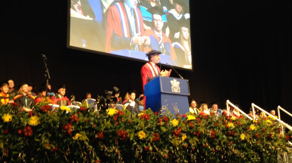 Oli Christie speaking at Cheltenham Racecourse after receiving an Honorary Fellowship at the University of Gloucestershire