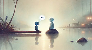 Ilustración conceptual de la comunicación y la paradoja del prompt: una pequeña figura con un bocadillo de diálogo se dirige a otra figura solitaria en un entorno tranquilo junto al agua.