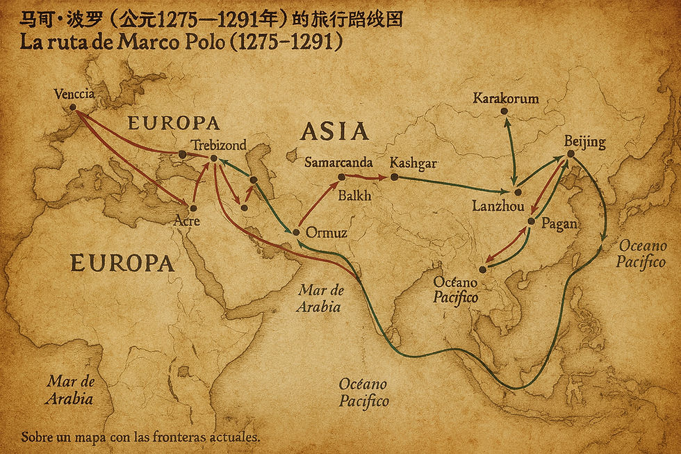 Mapa de las rutas de Marco Polo (imagen generada con IA)