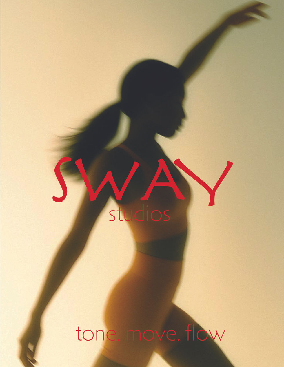 Sway Studios brand image with red logo on moving figure, symbolizing rhythm, flow, and modern wellness design.
