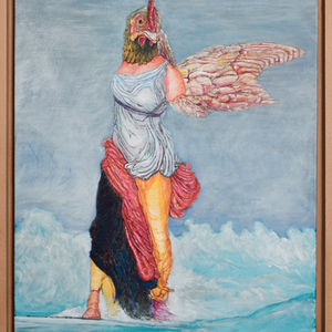 coquette victoire, peinture acrylique sur toile de 50 cm x 65 cm + encadrement hêtre de CGP. hybride de la victoire de samothrace et d'une poule, poulet ou coquette qui fait du surf sur l'océan atlantique.