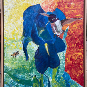 Colibri : tableau de CGP sur toile de 100 x 81 cm + encadrement. Peinture poétique colorée figurative et non figurative. Hodie Art. Peinture contemporaine.