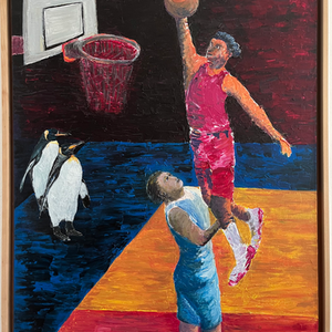"rouge-dunk" tableau de CGP, peinture acrylique sur toile de 81 cm x 100 cm + encadrement en hêtre naturel.
