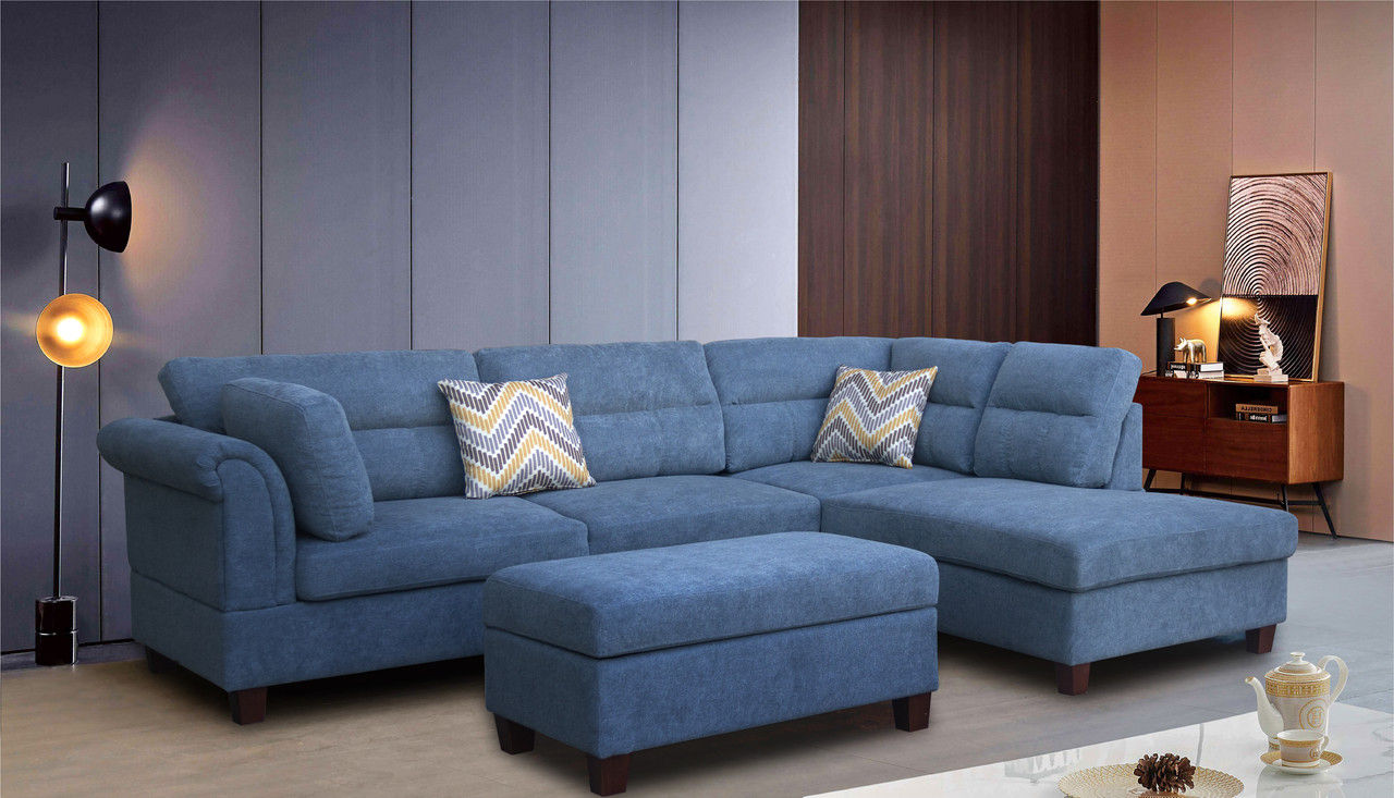 Fabric Sectional Sofa with Right Facing Chaise, Storage Ottoman, and 2 Accent Pi
