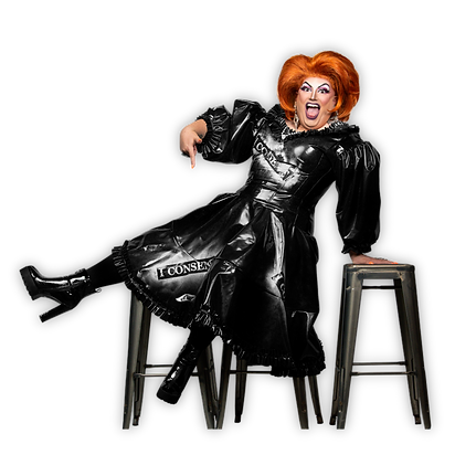 Aunty Ginger the drag queen reclines on bar stools, gesturing provocatively to her groin.