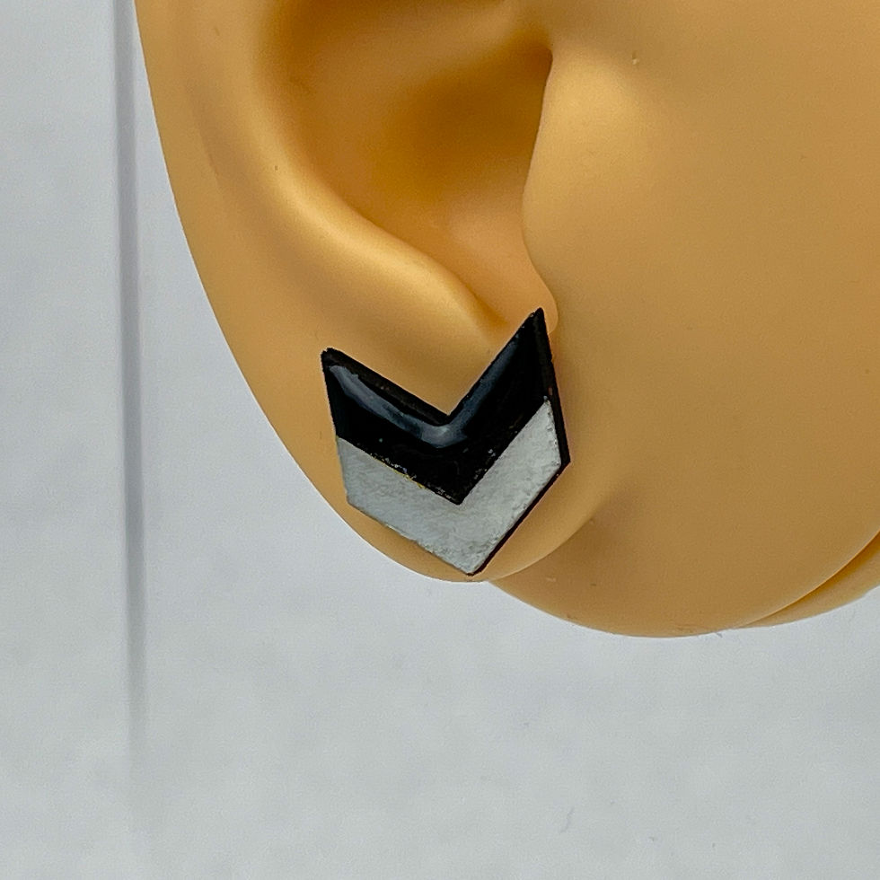 Thumbnail: Glossy handmade wooden earring in a chevron shape split into two colors: black on top and white on bottom