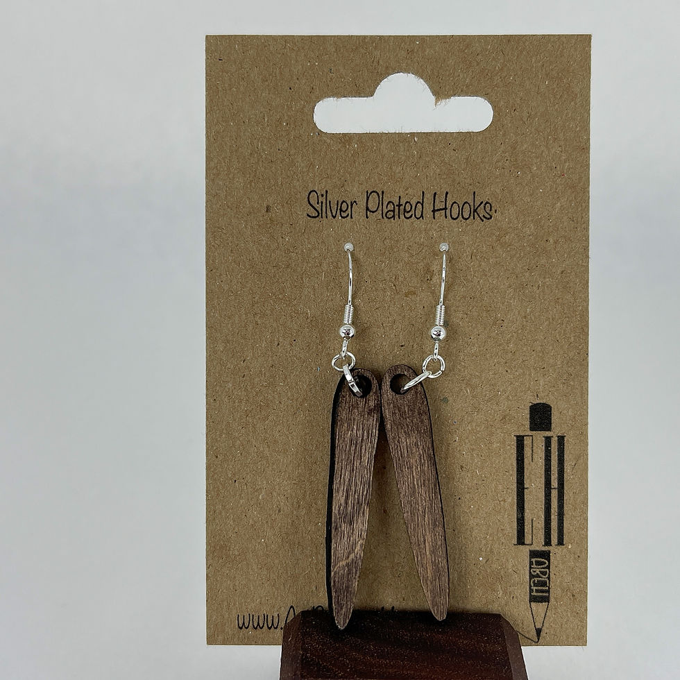 Thumbnail: Handmade teardrop wooden earrings that dangle off of a silver plated hook.