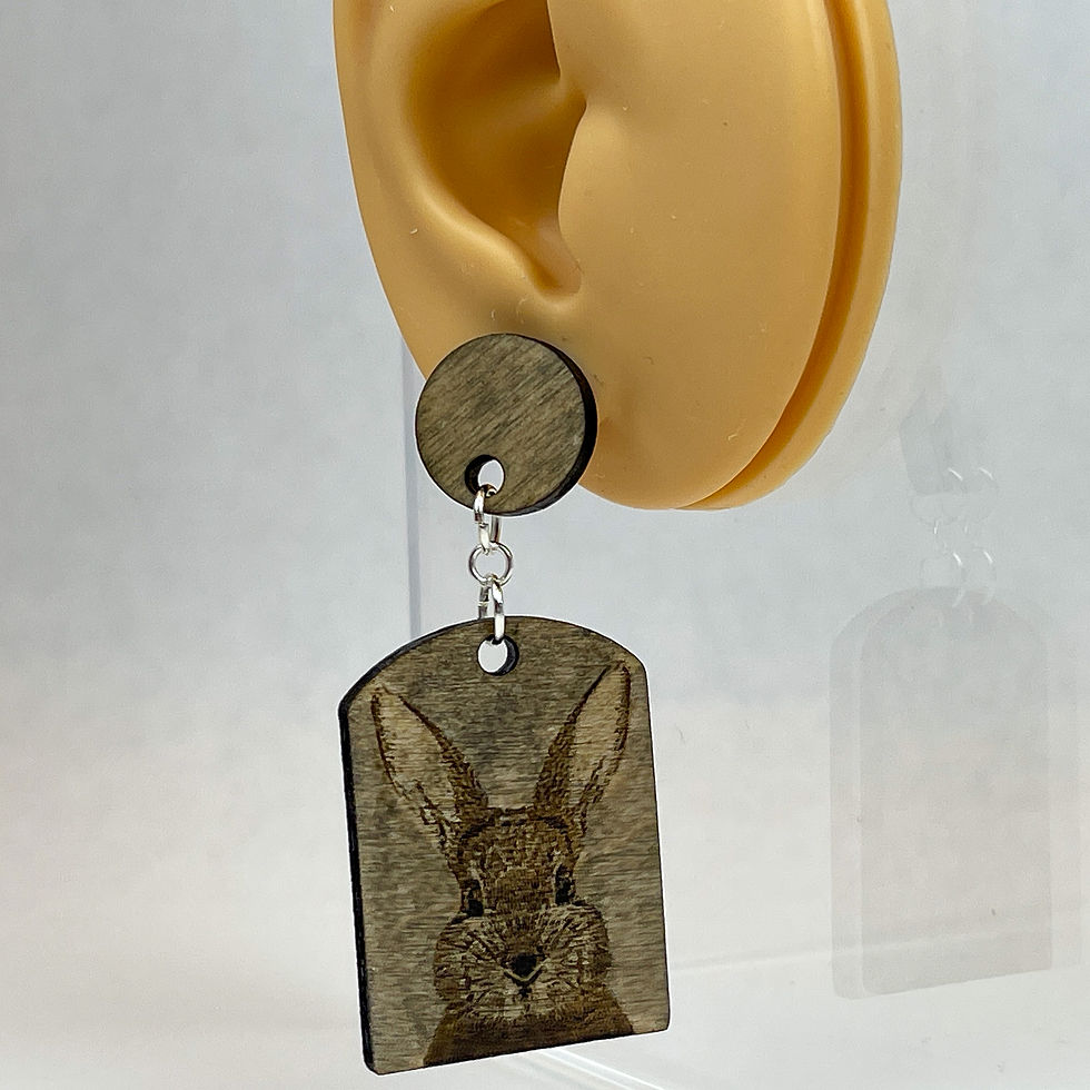 Thumbnail: Handmade circle and crescent wooden earrings that dangle off of each other from a silver plated hook.