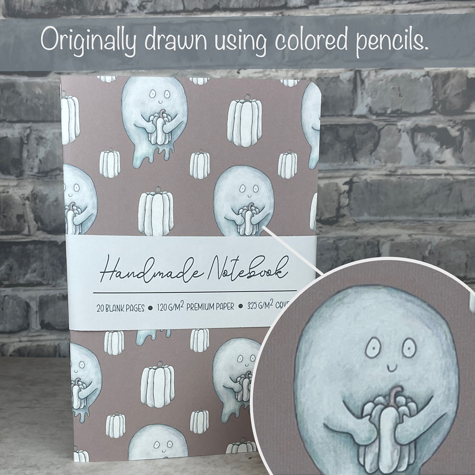 Thumbnail: Beautiful handmade notebook ideal for gel pens with ghost holding white pumpkin illustrations.