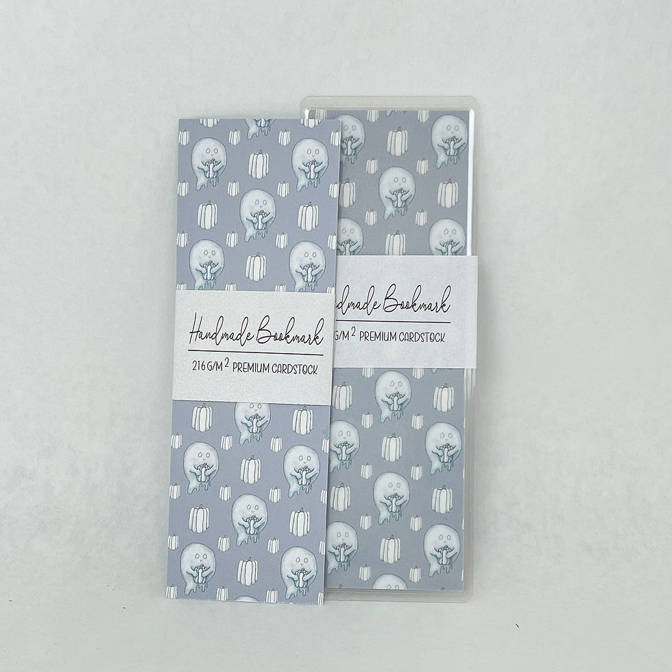 Thumbnail: Double-sided Pumpkin Ghost bookmark showing ghost and pumpkin design on 216 gsm cardstock.