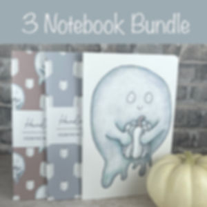 Three hand-made notebook bundle. Includes ghosts holding white pumpkins and white pumpkins. Bundle choice 1