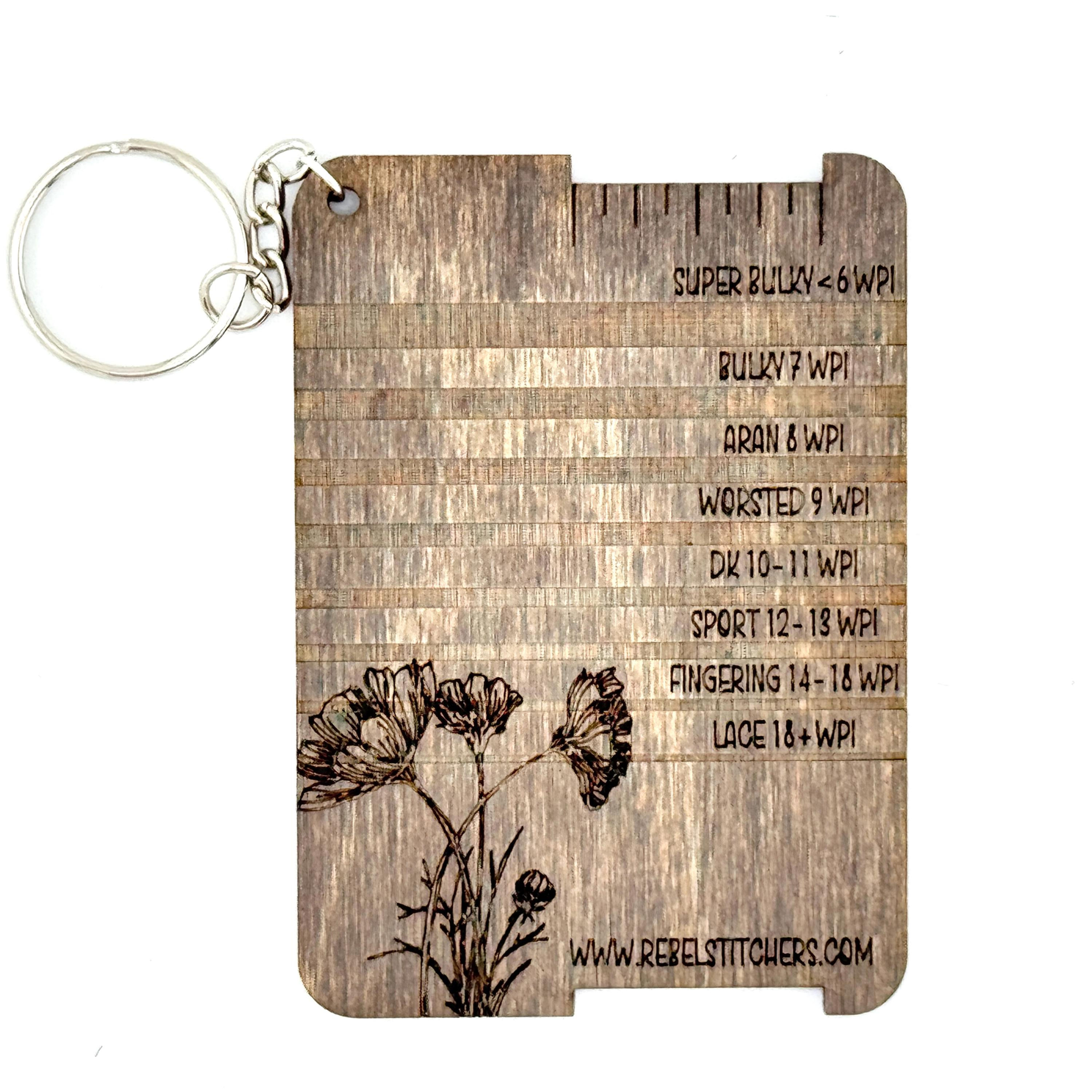 Handmade Yarn Weight & Wraps Per Inch (WPI) Gauge Wood Keychain 2.5" x 3.5" R...