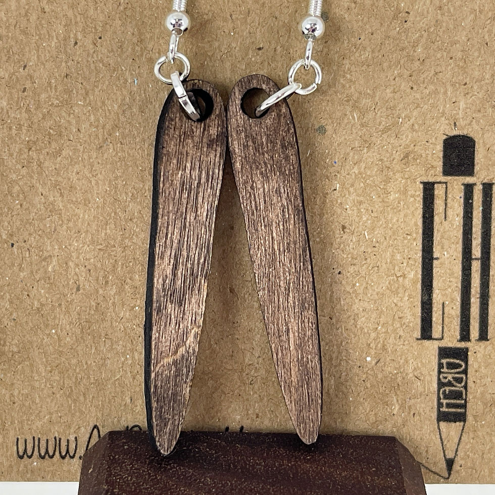 Thumbnail: Handmade teardrop wooden earrings that dangle off of a silver plated hook.