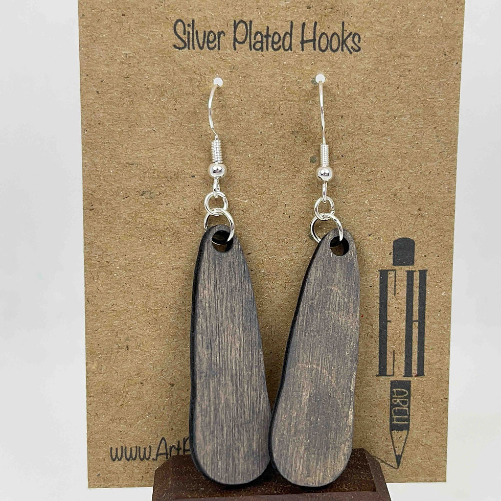Thumbnail: Handmade teardrop wooden earrings that dangle off of a silver plated hook.