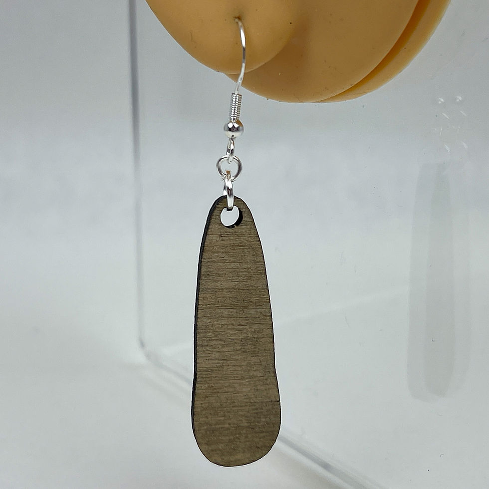 Thumbnail: Handmade teardrop wooden earrings that dangle off of a silver plated hook.