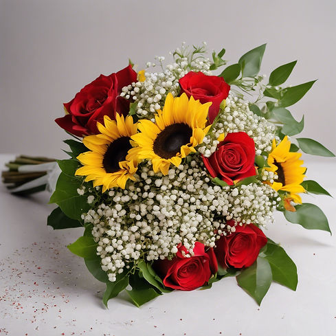 flower bouquet with sunflowers, red roses, pittosporum, and gypsophilia with sleeve and wh
