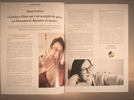 Double page du magazine Femme & Sport (2024) présentant un article écrit par EiaHina sur l'audace, le dépassement de soi et la lithothérapie sacrée