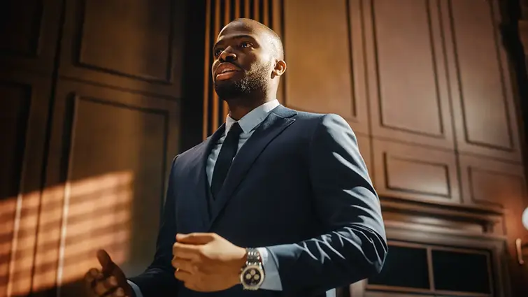African American man pleads for his client in a courtroom