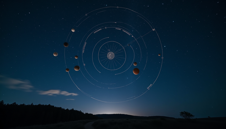 Eye-level view of a night sky filled with stars and planets aligned in a celestial pattern