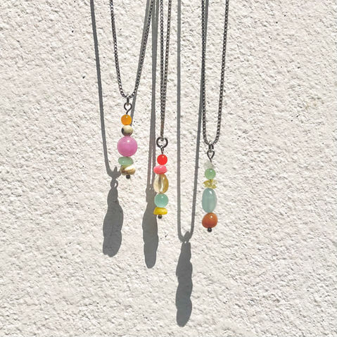 Handmade Beaded Pendant One of A Kind Necklace Agate Cateye Natural Stones Stainless Chain Cute Colorful Beach Jewelry