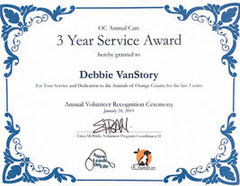 Debbie VanStory OC Animal Care 3 Year Service Award certificate.