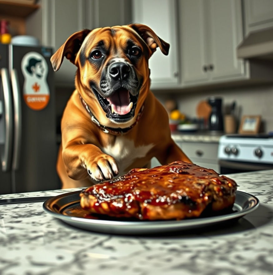 Happy dog reaches for BBQ ribs on a kitchen counter. Fridge with stickers in the background, marble countertop. in Temecula CA - K9 Journey Dog Training