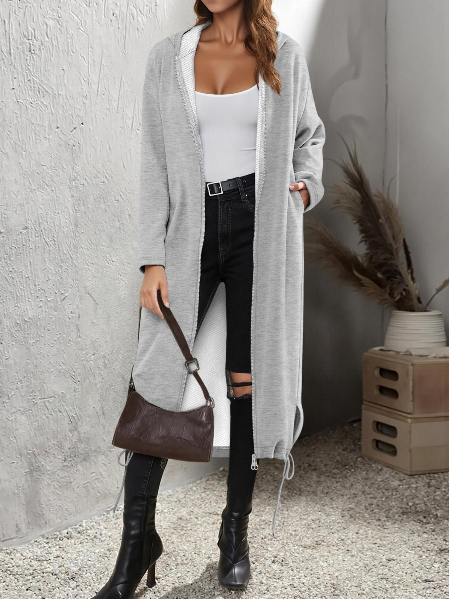 Women's Streetwear Hooded Maxi Coat, Loose Oversized Zip Up Sweatshirt, Fashion