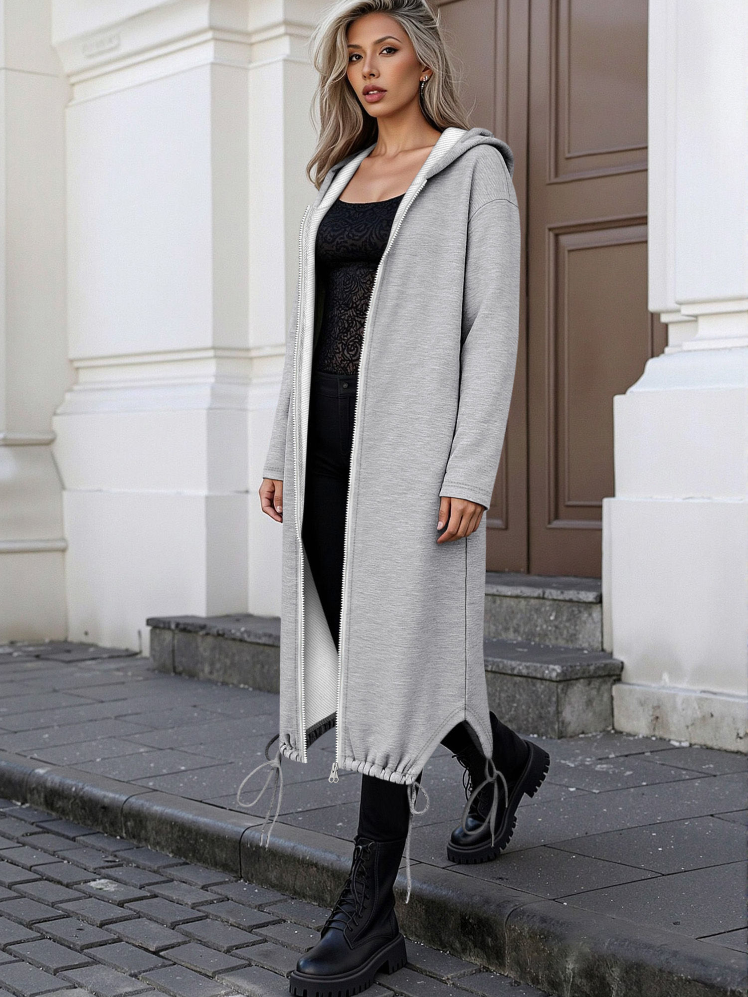 Longline Side Slit Zip Up Hooded Sweatshirt Cardigan All Season Layering Jacket