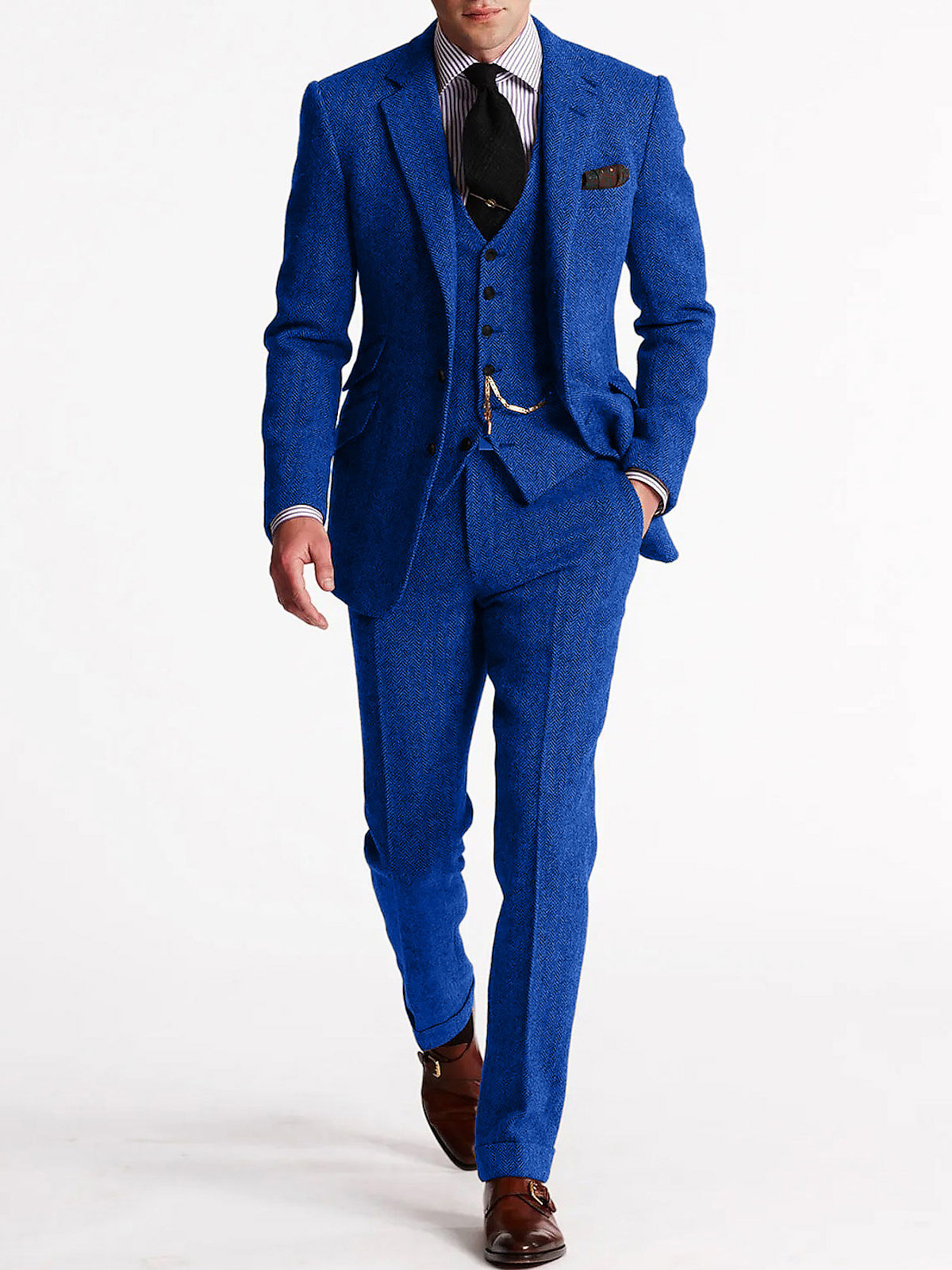  Herringbone Tweed Suits for Men 3 Piece Set Double-Breasted Slim Fit Tuxedo