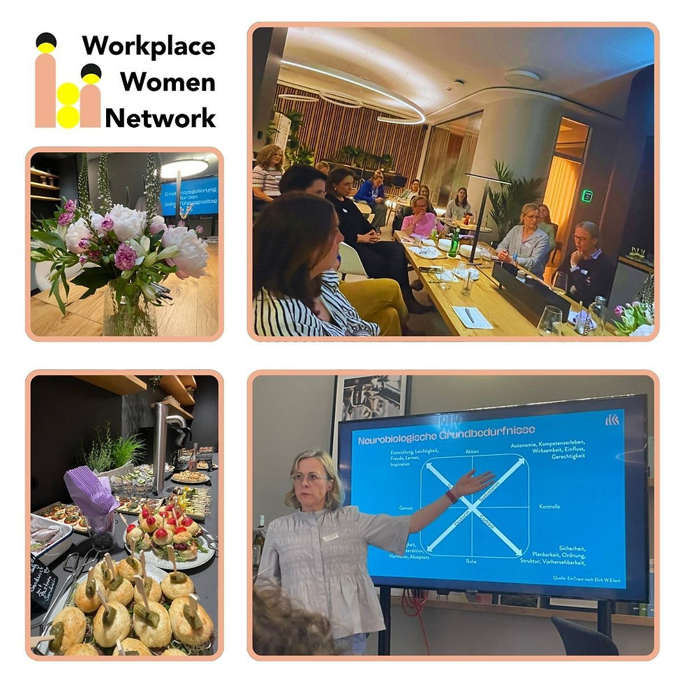 Eine Collage mit Bildern wie z.B. Essen, Menschen und Katrin Neff als Speakerin vom Workplace Women Network Abend am 04.06.2026