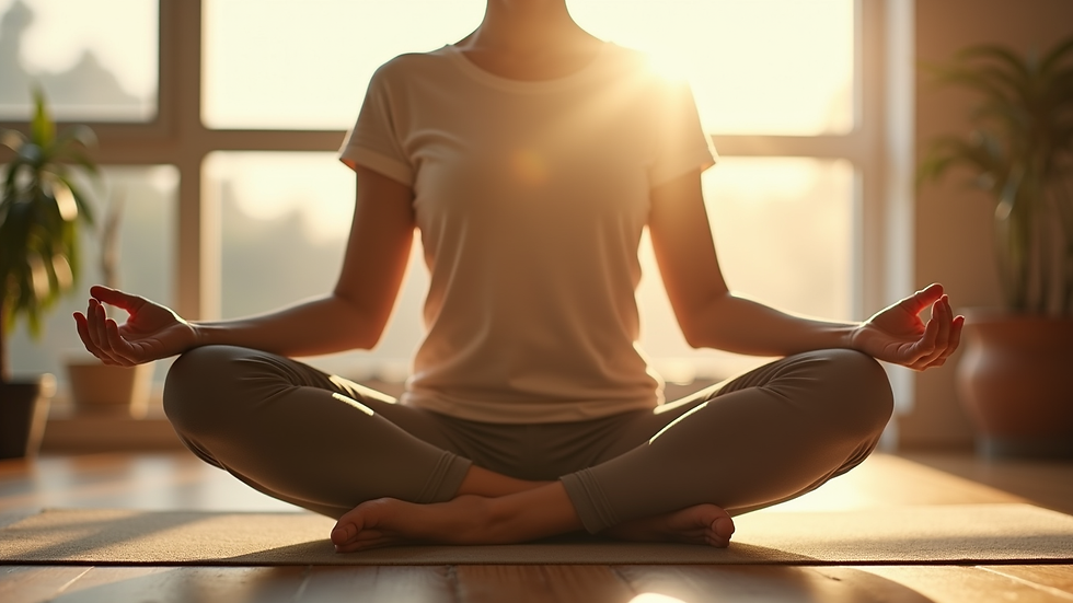 Close-up view of a person practicing gentle yoga in a sunlit room